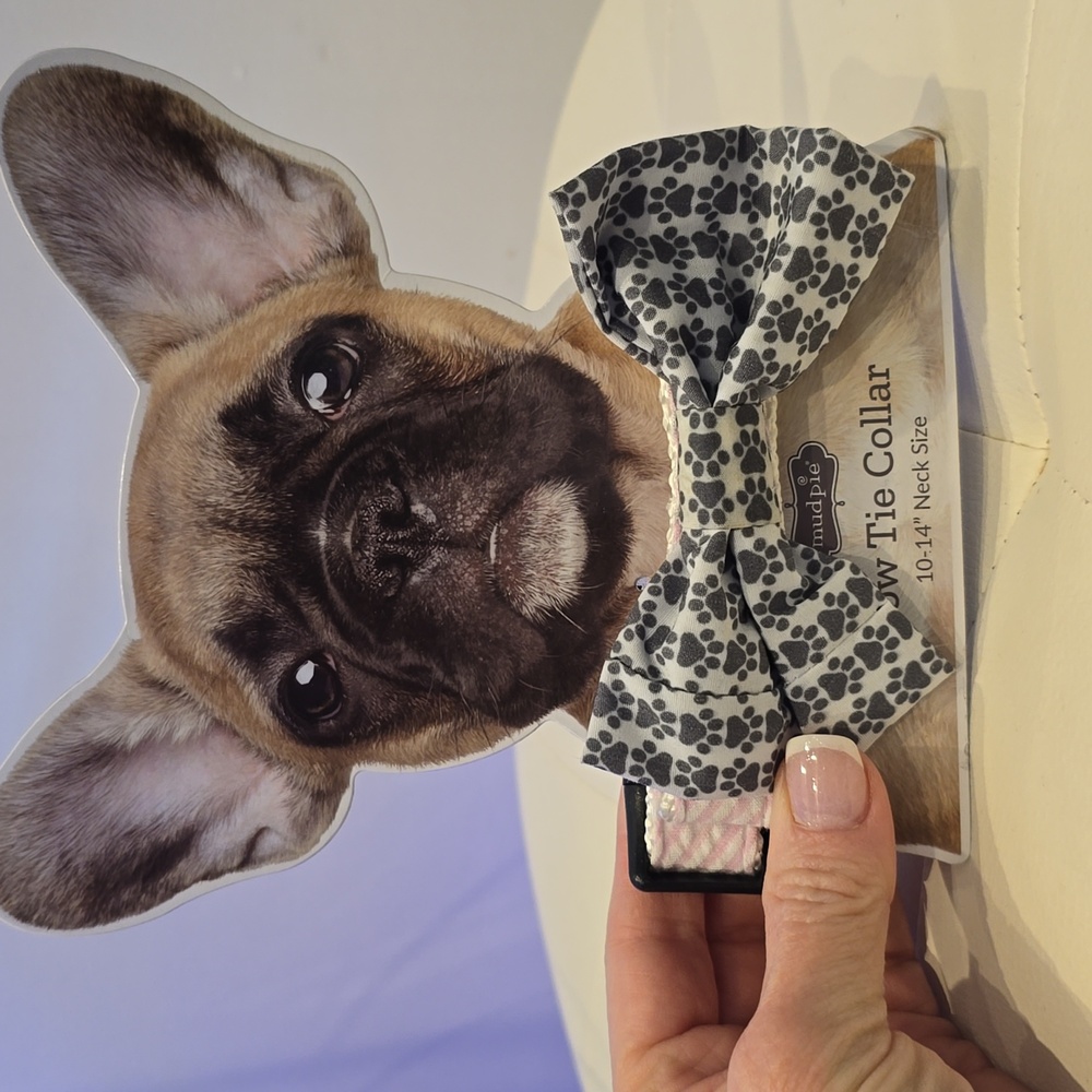 Bow Tie Animals DOG collar New GRAY Pink Paw Prints Mud Pie 10 - 14 in neck CUTE